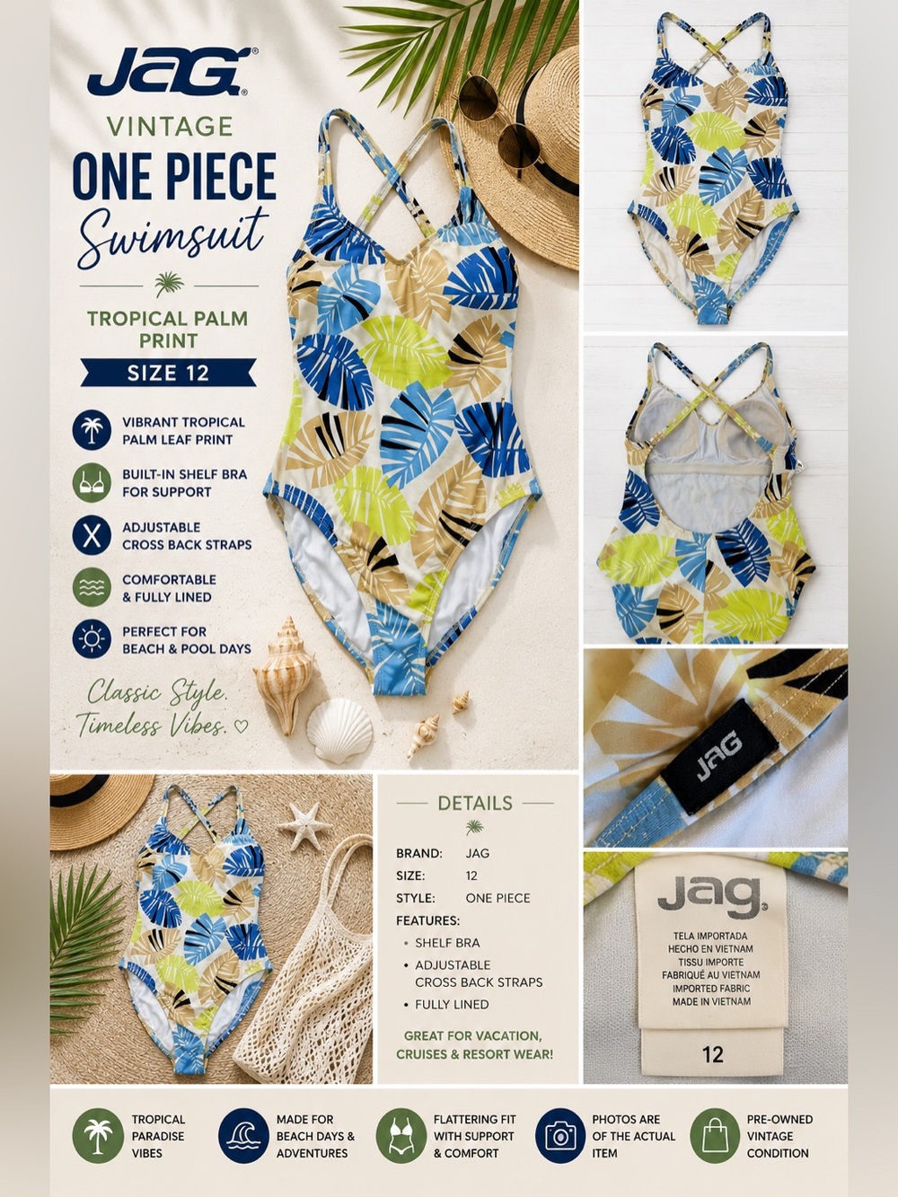 JAG Vintage One Piece Swimsuit Size 12 Tropical Palm Leaf Print Cross Back Shelf